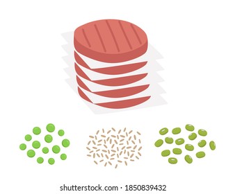 Plant based burger patties with their ingredients, mung beans, brown rice and pea. Vegan meat concept. Vector flat illustration.