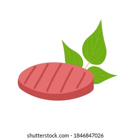 Plant based burger patty and bean leaves isolated on white background. Non-meat proteins and vegetarian food concept. Vector flat illustration.