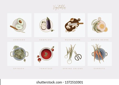 Plant based diet icons in flat lay setting, collection of vegetables on plates and cutting boards