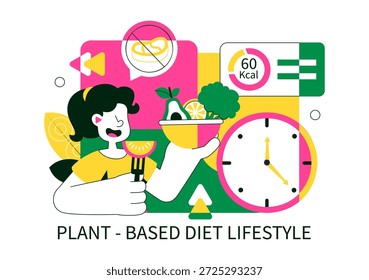 Ilustración vectorial de estilo de vida de dieta basada en plantas para una nutrición vegana saludable, vida sostenible, alimentos naturales en un fondo de dibujos animados