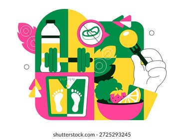 Ilustração do vetor do estilo de vida da dieta da planta para a nutrição vegan saudável, vida sustentável, comida natural em um fundo de desenhos animados