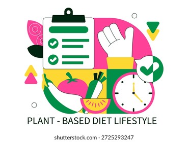 Ilustração do vetor do estilo de vida da dieta da planta para a nutrição vegan saudável, vida sustentável, comida natural em um fundo de desenhos animados
