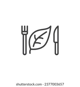 Plant Based Diet line icon. Vegan food linear style sign for mobile concept and web design. Fork knife and leaf outline vector icon. Symbol, logo illustration. Vector graphics