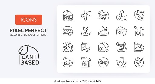Pflanzenbasierte Diät dünne Linie Icon Set. Rahmensymbolkollektion. Bearbeitbarer Vektorhub. 256x256 Pixel Perfekt skalierbar auf 128px, 64px...