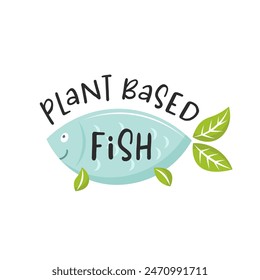 Plant based fish. Vegan product. Fish healthy alternative for vegetarians or vegans. Tasty veggie fish. Organic natural food. Cartoon Color Alternative Meat Vegetarians Icon. Save the world concept