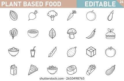 Plant Based Food Editable Line Art Set Containing Vegetables Fruits And Vegan Meal