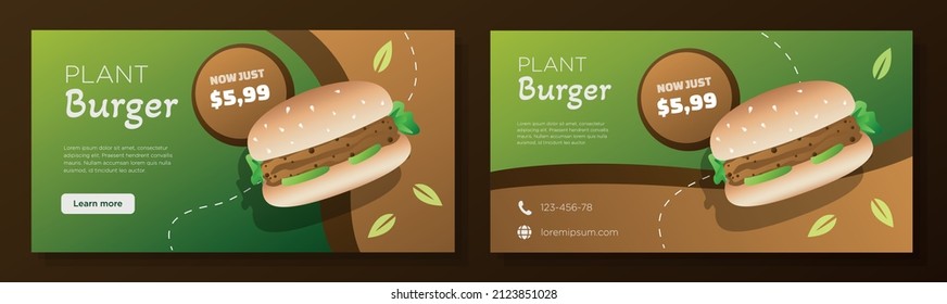 Plant based hamburger online banner template set, vegetarian food burger corporate advertisement, horizontal ad, animal friendly diner campaign webpage, flyer, creative brochure, isolated.