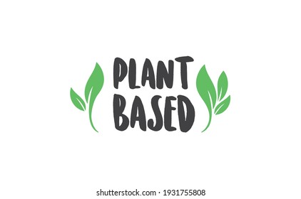 Plant Based Hand Made Text, Hand Drawn Lettering Style With Leaves. Vegan And Vegetarian Food Design Concept. Veggie Nutrition. 