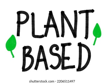 Plant based hand made text, hand drawn lettering style with leaves. Vegan and vegetarian food design concept. Veggie nutrition.