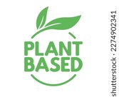 Plant based label. Text inside a circle with leaves around. Vegan friendly badge. 