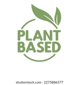 Plant based label. Text inside a circle with leaves around. Vegan friendly badge. 