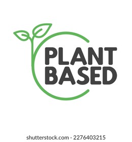 Plant based label. Text inside a circle with leaves around. Vegan friendly badge. 