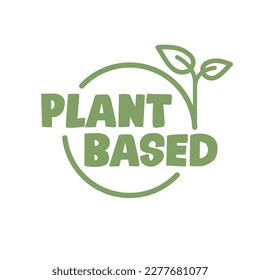 Plant based label. Text inside a circle with leaves around. Vegan friendly badge. 