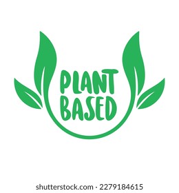 Plant based label. Text inside a circle with leaves around. Vegan friendly badge. 