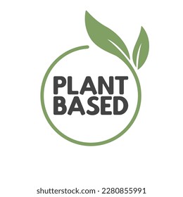 Plant based label. Text inside a circle with leaves around. Vegan friendly badge. 