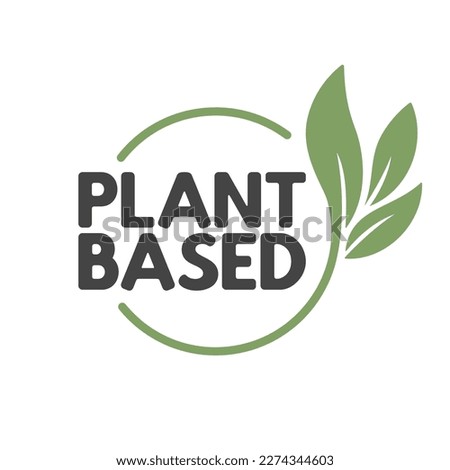 Plant based label. Text inside a circle with leaves around. Vegan friendly badge. 