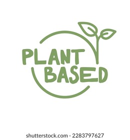 Plant based logo. Circular shape base with plant leaf. Vegan and vegetarian friendly badge. 