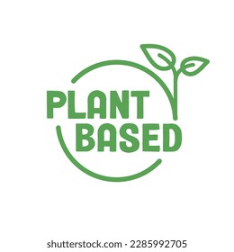 Plant based logo. Circular shape base with plant leaf. Vegan and vegetarian friendly badge. 