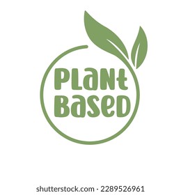 Plant based logo. Circular shape base with plant leaf. Vegan and vegetarian friendly badge. 