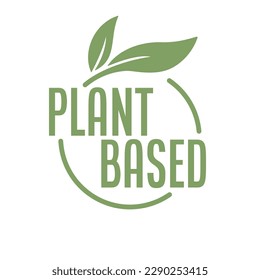 Plant based logo. Circular shape base with plant leaf. Vegan and vegetarian friendly badge. 