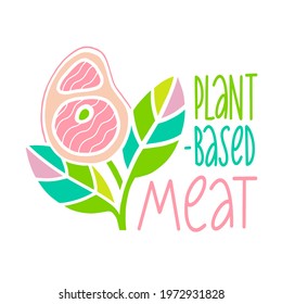 Plant based meat concept. Vegan product. Steak and green leaves isolated on white background. Organic natural vegetarian food. Vector illustration.