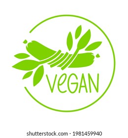 Plant based meat concept. Vegan product. Sausage entwined with plant leaves. Organic natural vegetarian food from plants. Green vector flat sign.