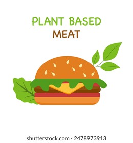 Plant based Meat hamburger with cheese burger and leaves.