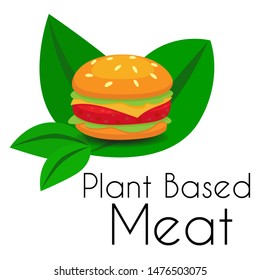 Plant Based Meat Hamburger Icon With Cheese Burger On Leaves