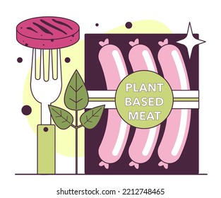 Plant based meat. Meatless sausages made og vegetables ingredients such as mung beans, brown rice and pea. Vegan organic food. Vector flat illustration