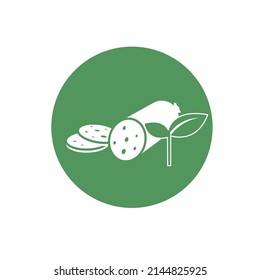Plant based Meat Patties with salami style roll and leaves.  Plant based meat illustration