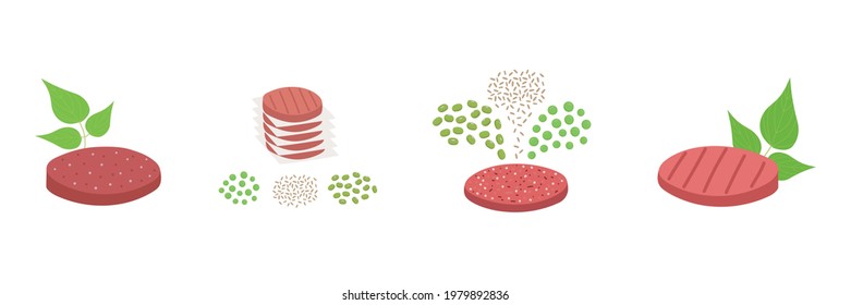 Plant Based Meat Set. Meatless Burger Patty With Green Leaves And Ingredients Such As Mung Beans, Brown Rice And Pea. Vegan Organic Food. Vector Flat Illustration