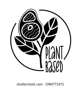Concepto de señalización de la carne a base de plantas. Producto vegan. El filete crece a partir de hojas de planta. Icono plano vectorial negro y blanco para comida vegetariana natural orgánica.