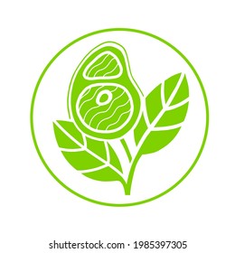Plant based meat sign concept. Vegan product. Steak grows from plant leaves. Green and white vector flat icon for organic natural vegetarian food.