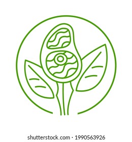 Plant based meat sign concept, green line. Vegan product. Steak grows from plant leaves. Round vector flat icon for organic natural vegetarian food.