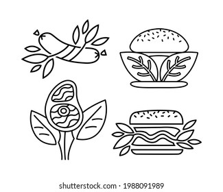 Plant based meat, vector of black line icons. Set of vegan hamburger, sausage, steak. Green leaves instead of meat. Food product made from plants.