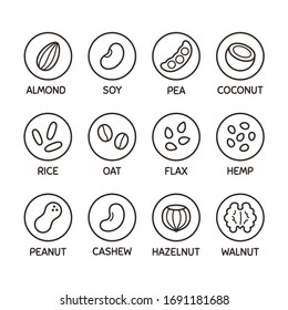Plant based milk alternative icon set  Nut   seed milk  beans   grains  Labels for non  dairy beverages  vector symbols 
