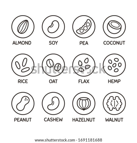 Plant based milk alternative icon set. Nut and seed milk, beans and grains. Labels for non-dairy beverages, vector symbols.