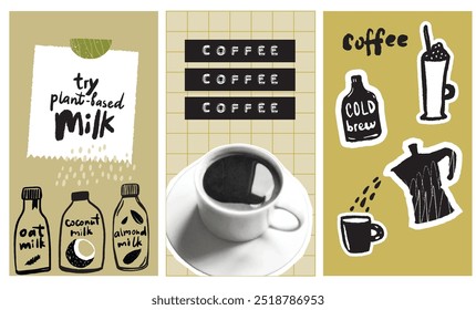 Conjunto de design de modelo de histórias de café de leite à base de plantas, decorado com adesivos de doodle, nota de memorando, recorte de copo de colagem, fita em relevo. Ilustração sem lactose vegana