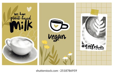 Plant based milk coffee stories template design set, decorated with stickers, memo note, collage cup cutout. Vegan lactose free illustration.