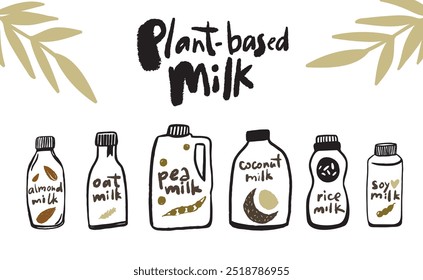 Pflanzliche Milch doodles Banner. Gesunde laktosefreie vegane Alternativen wie Kokosnuss, Mandel, Soja und Hafer Naturprodukt.