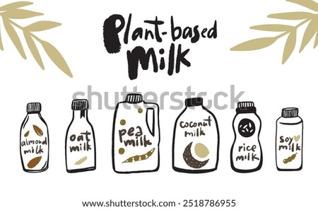 Plant based milk doodles banner. Healthy lactose free vegan alternatives as coconut, almond, soy and oat natural product.