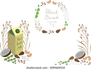 Plant Based Oat Coconut Soy Cashew Rice Almond Organic Bio Vegan Milk Package, Packaging Vector Illustration