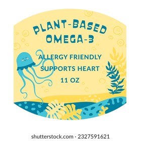 Plant based omega 3 for vegans and vegetarians, allergy friendly supports heart. Healthcare and wellness treatment and care. Package logotype or label, emblem or logo. Vector in flat style