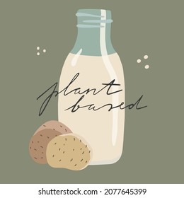 Plant based potato milk glass with tube and lettering. Vegan drink