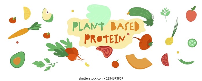 Plant based protein concept. Healthy natural vegan and vegetarian food. Graphic design. Landscape banner. Editable vector illustration in cartoon style isolated on a white background.