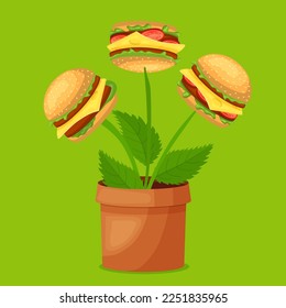 Plant based protein concept. Vegetarian hamburger. Healthy natural vegan food. Graphic design. Editable vector illustration in cartoon style isolated on a bright green background.