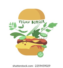 Concepto de proteína vegetal. Hamburguesa vegetariana. Sanos alimentos veganos naturales. Diseño gráfico. Ilustración vectorial editable en estilo plano aislada en un fondo transparente.