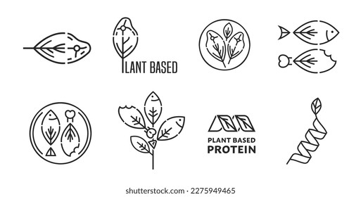 Plant based protein sign. Eating less meat. Alternative protein sources. Healthy lifestyle collection. Graphic pictograms, emblems, icons. Vector illustration isolated on a transparent background.