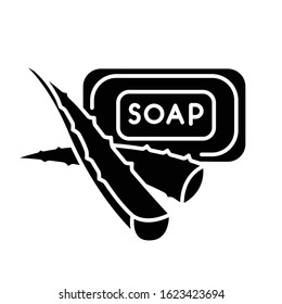 Plant based soap black glyph icon. Organic toiletries. Aloe vera cosmetic. Hygiene and healthy skincare. Plant based product. Silhouette symbol on white space. Vector isolated illustration