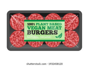 plant based vegan burger patties package in transparent foam tray isolated on white background